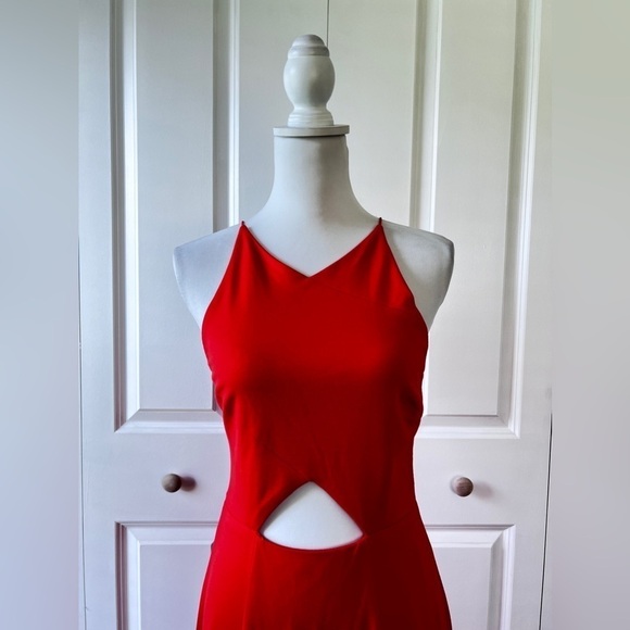 LULU’S Women’s Size Medium Red-Orange High Halter Neck Cut-Out A-Line Midi Dress - Picture 5 of 15